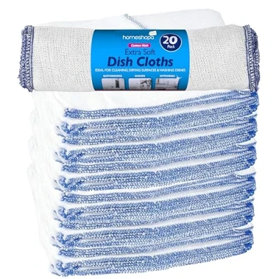 Image of HOMESHOPA Cotton Dish Cloths, 20 Pack White Soft Super Absorbent Home Kitchen Cleaning Scrubbing Washing Up Dishcloths, Washable &amp; Reusable Tea Towels for Cleaning, Drying Surfaces, Dishes