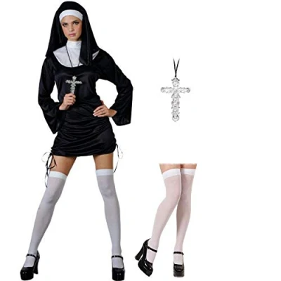 Image of Naughty Nun Sexy Ladies Halloween Hen Fancy Dress COSTUME + STOCKINGS CROSS M (UK: 14 16)
