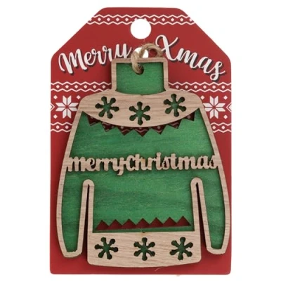 Image of Merry Christmas Jumper Wooden Tree Decoration Personalised Bauble Xmas Green