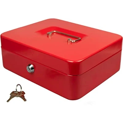 Image of Hyfive® Steel Petty Cash Box With 2 Keys/Removable Change Tray For Perfect Secure Storage in Red 10&quot;