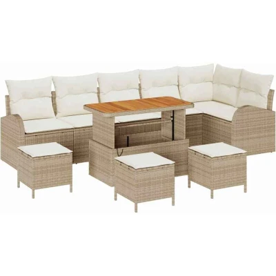 Image of vidaXL 10 Piece Garden Sofa Set with Cushions Beige Poly Rattan Acacia
