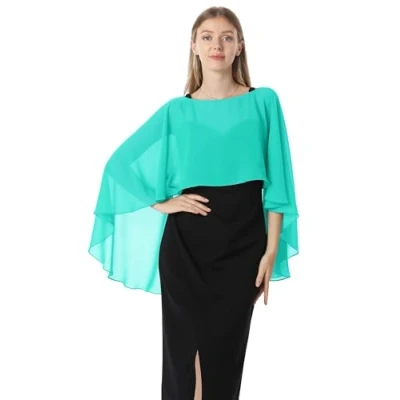 Image of Hotshawl Capelets for women Chiffon Cape Shawls and Wraps Evening Dress Wedding Capes Cover Up, Aqua, One Size