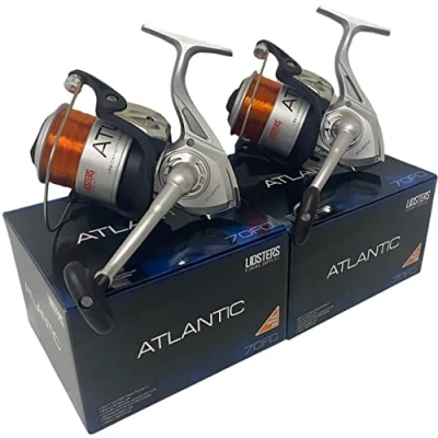 Image of 2 NEW LARGE ATLANTIC 7000 FD SEA FISHING LIDSTERS BEACH PIER REEL ORANGE LINE 70