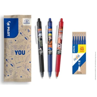 Image of PILOT x Naruto 3 pcs FriXion Ball Clicker, Black, Blue, Red + 1 Set of 6 Blue Refills Erasable Ballpoint Pen Shipudden Limited Edition Retractable Roller Pens Medium Point