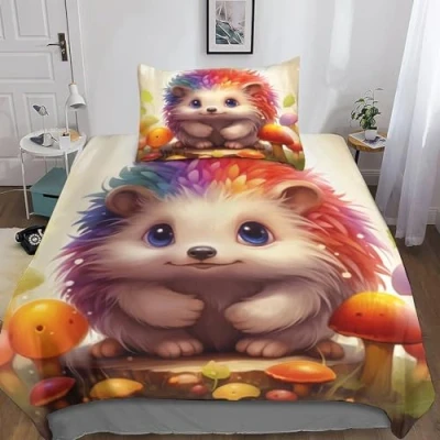 Image of GEEYOU Cute Hedgehog Duvet Cover 3D Printed Bedding Animal Quilt with Pillowcases Soft Microfiber Zipper Closure for Kids Teens Adults 3Pcs Comforter Single（135x200cm）