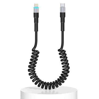 Image of Coiled USB C to Lightning Cable, Apple Carplay Compatible &amp; MFi Certified, Car Cable with Data Transmission and LED, iPhone Retractable USBC Charger for iPhone/Pad/Pod