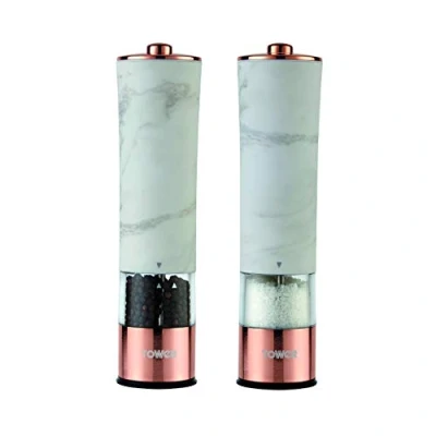 Image of Tower T847005WR Marble Rose Gold Electric Salt and Pepper Mill with LED Light, Battery Operated Grinding Mechanism, White