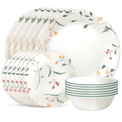 Image of Corelle Vitrelle 18 Piece Glass Dinnerware Sets, Service for 6, Triple Layer Chip &amp; Crack Resistant Plate and Bowl Wildflower