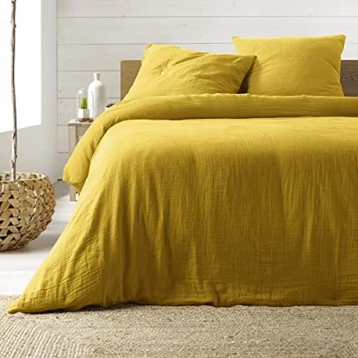 Image of Douceur d&#039;Intérieur, 3 Piece Bedding Set (240 x 220 cm) Angelia Yellow, 1 Face Cotton and Side Gauze