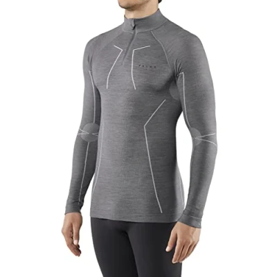 Image of FALKE Men&#039;s Wool Tech High Zip Neck M L/S SH Thermal Breathable Quick Dry 1 Piece Base Layer Top, Grey (Grey Heather 3757), XXL