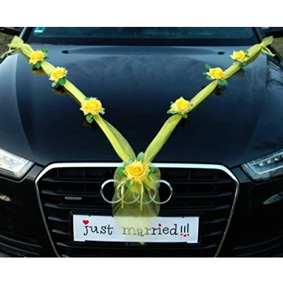 Image of ORGANZA M Auto Schmuck Braut Paar Rose Deko Dekoration Autoschmuck Hochzeit Car Wedding Girlande PKW (Gelb/Gelb)
