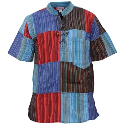 Image of SHOPOHOLIC FASHION Mens Half Sleeve Patch Hippie Grandad Shirt (4XL,Stripe Patchwork)