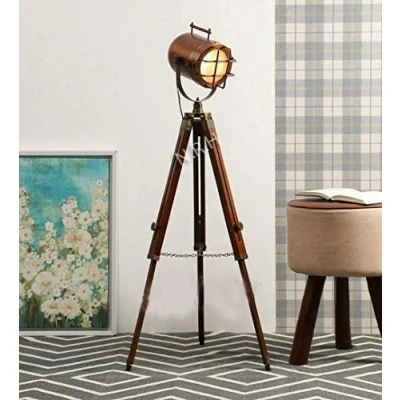 Image of Nautical Replica Hub Beautiful Handmade Copper Floor Lamp with Wooden Tripod Portable Office Lighting Decor Marine Low Searchlight Home