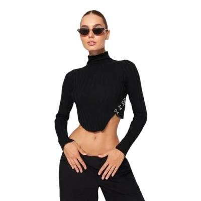 Image of Trendyol Women&#039;s Straight Long Sleeve Slim Sweater, Black, S