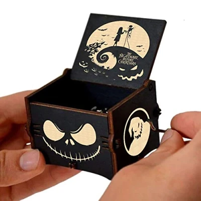 Image of Cuzit This is Halloween Tune Wood Music Box Toy The Nightmare Before Christmas Hand Crank Engraved Vintage Wooden Musical Gifts for Birthday Valentine