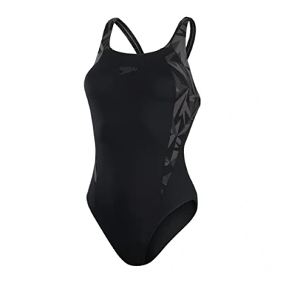 Image of Speedo Women&#039;s Hyperboom Allover Medalist Swimsuit Quick Drying Fitness Chlorine Resistant , Black/Oxid Grey/USA Charcoal, 28