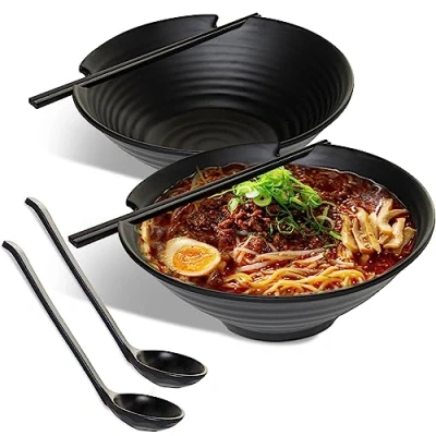 Image of HEFTMAN Japanese Ramen Bowl Set of 2 Elegant 1000ml Bowls, Dishwasher Safe Re Usable Plastic Noodle for Soup, Salad, Rice &amp; Pasta Dishes with Matching Spoons Chopsticks (Black)