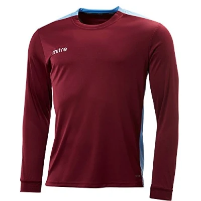 Image of Mitre Men Charge Long Sleeve Football Match Day Shirt Maroon/Sky Small/34 36 Inch