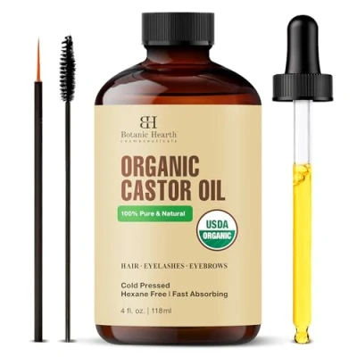 Image of Botanic Hearth Castor Oil USDA Certified Organic 100% Pure &amp; Hexane Free Cold Pressed Growth for Eyelashes, Eyebrows, Hair With Eyebrow Eyelash Brush 4fl oz