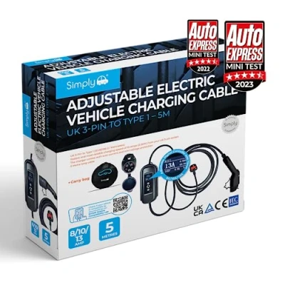 Image of Simply EV008 Premium Adjustable Amperage Electric Vehicle Fast Charging 3.1kW 8/10/13amp Cable UK 3Pin to Type 1 5M Durable and Flexible with Digital Controller Carry Bag