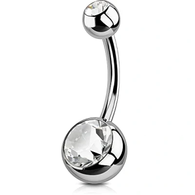 Image of OUFER Solid Titanium Belly Bars 14G Navel Rings Grade 23 Ball Double Clear Gem 1.6mm Bell Piercing Button Jewellery