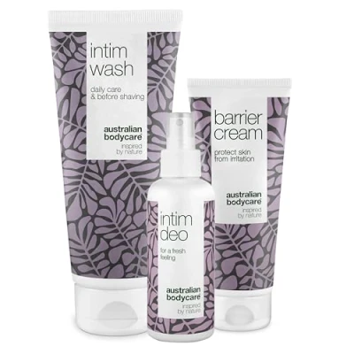 Image of 3 Part Incontinence Care Package consisting of Intimate soap containing Tea Tree Oil 200 ml, Barrier Cream 100 ml and Deodorant to Reduce unpleasant Odors Dermatologically Tested