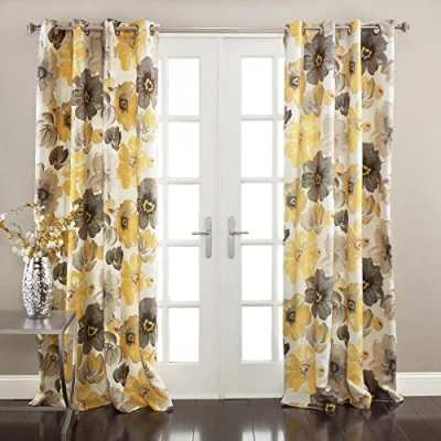 Image of Lush Decor Leah Floral Insulated Grommet, Polyester, Yellow &amp; Gray, 52&quot; W x 84&quot; L (Pack of 1)