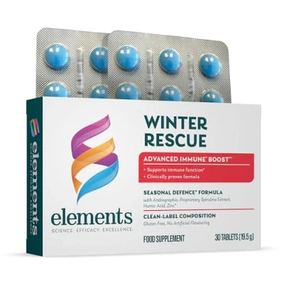 Image of Elements Winter Rescue 7 Day Seasonal Defence Formula* with Andrographis, Spirulina Extract, Humic Acid and Zinc for Immune Support, Non GMO, Gluten Free, 30 Tablets