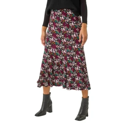 Image of Roman Originals Jersey Skirt for Women UK Ladies Midi Maxi Ditsy Floral Summer Spring Holiday Swing Shape Vacation Smart Casual Work Cocktail Party Going Out Maroon Size 12