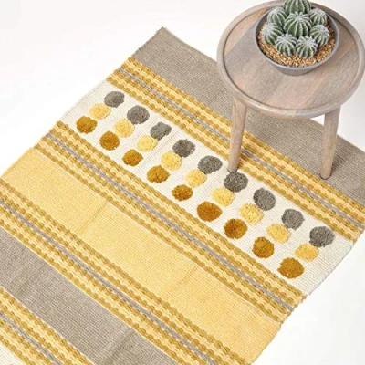 Image of HOMESCAPES Grey Ochre Yellow Modern Cotton Chenille Rug 90x150 cm 3 ft. x 5 Tufted Circles &amp; Hand Woven Striped Large Mat