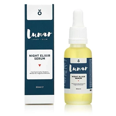 Image of Night Elixir Serum by Lunar Glow. An Anti Ageing Facial Oil, Tocopherol Hyperpigmentation Repair for your Face and Skin 30ml.
