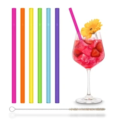 Image of Halm Colourful Glass Drinking Straws 6 Pieces 20 cm NEON Colours for Celebrations, Kids + Plastic Free Cleaning Brush Dishwasher Safe Sustainable Sippers Tubes Cocktails