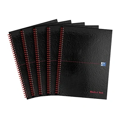 Image of Oxford Black n&#039; Red A4 Notebook, Glossy Hardback Wirebound, 140 pages, Lined (Pack of 5)