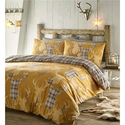 Image of Homemaker Rustic stag duvet sets &amp; tartan check quilt cover ochre mustard reversible bedding (Double)