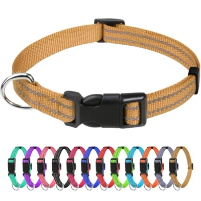 Image of TagMe Reflective Nylon Dog Collars, Adjustable Classic Collar with Quick Release Buckle for Puppy, Khaki, 1.0 cm Width