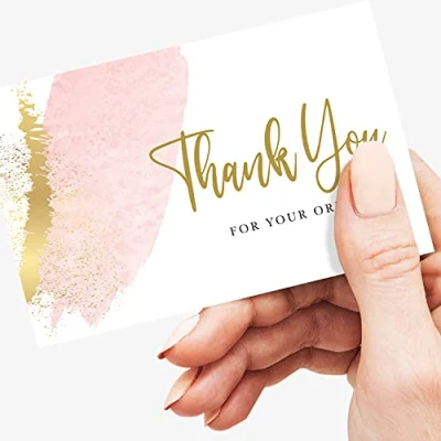 Image of Thank You for Your Order Cards Small Business Pink and Gold Design, Premium 350gsm Card Customer Start ups (60 Pack)