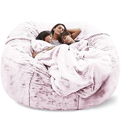 Image of REOTEL Soft Giant Bean Bag Chair Cover Breathable And Comfortable for Adult Living Room Light Big Round Fluffy Faux Fur BeanBag Lazy Sofa (No Filler),Snow Pink,5TF