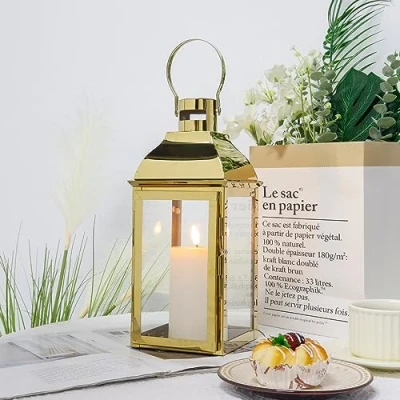 Image of JHY DESIGN Stainless Steel Lanterns for Candle, 31.5cm High Candle with Tempered Glass Outdoor Garden Indoor Parties Weddings Vintage Hanging (Gold)