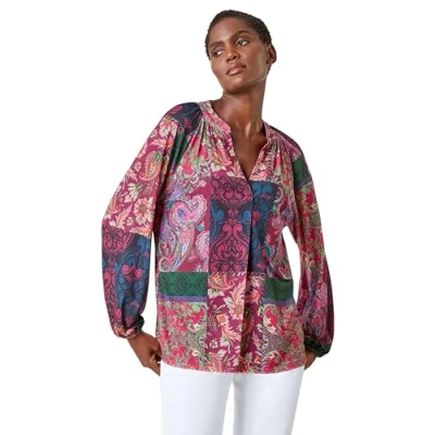 Image of Roman Originals Pleat Front Top for Women UK Ladies Pleated Shirt Notch V Neck Blouse Summer Tunic Spring Pull On Comfy Soft Evening Holiday Vacation Work Party Everyday Red Size 12