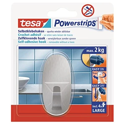 Image of tesa Powerstrips Hook Self Adhesive Wall for Glass, Tiles, Wood, Plastic and Other Surfaces Metal Oval Technology Large