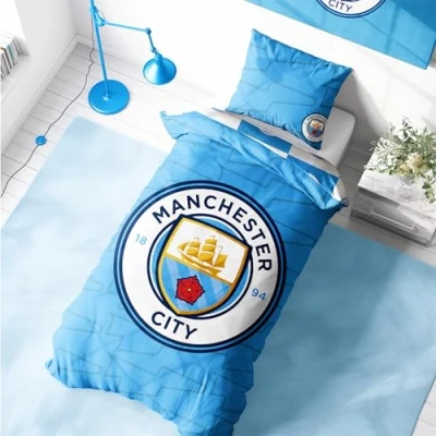 Image of Character World Manchester City Single Duvet Cover Set, Legend Design Blue Reversible 2 Sided Football Bedding Official Merchandise Including Matching Pillow Cases