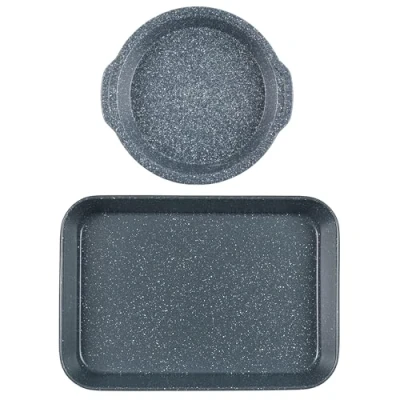 Image of Russell Hobbs COMBO 7557A Roasting Pan &amp; Cake Tin Set, Non Stick Carbon Steel Oven Trays, Tall Deep Sides, PFOA Free, Easy Clean, Cooking Nightfall Stone Collection, Blue Marble, 26/40 cm