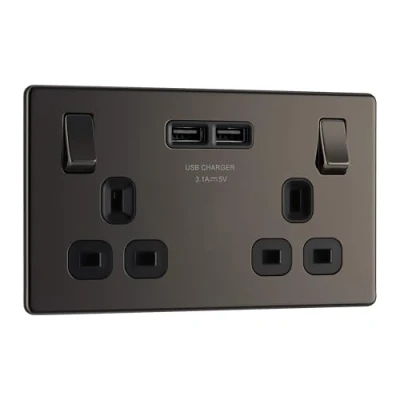 Image of BG Electrical fbn22u3b Screwless Flat Plate Double Switched Fast Charging Power Socket with Two USB Ports, 13 A, Black Nickel, 16.3 cm*18.0 cm*3.1 cm