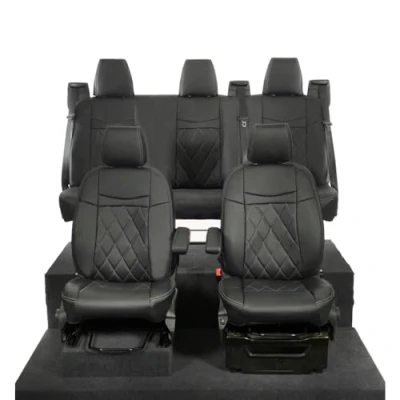 Image of UK Custom Covers Fits Ford Transit (2013 2023) Front &amp; Rear Seat Single Diamond Bentley Stitch Leatherette (Black) SC1130B 1121B