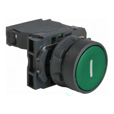Image of Schneider Electric Harmony XB5 Push Button Switch, Plastic, Spring Return, 1NO, 22mm Mount, Marked I, Flush Operator Profile, XB5AA3311, Green
