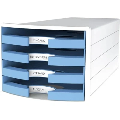 Image of HAN 1013 51 Impuls Drawer Box DIN A4/C4 4 Open Drawers White/Trend Colour Light Blue
