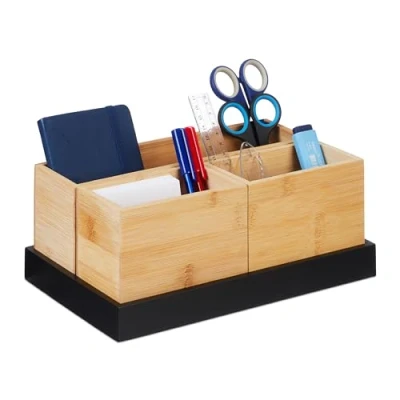 Image of Relaxdays Bamboo Organiser, 4 Piece Set, Desk Utensils, Cosmetics, for Office, Bathroom, Storage Tray, Natural/Black, 11 x 28 17.5 cm