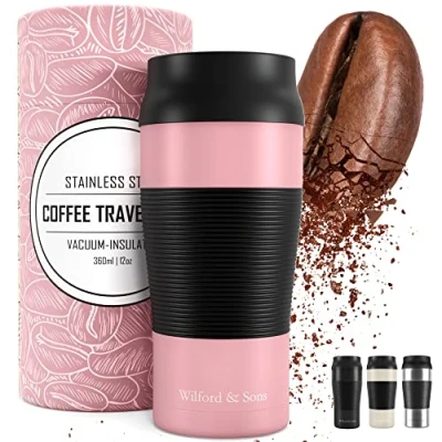 Image of Wilford &amp; Sons Travel Mug Coffee Cup Thermal Leakproof, BPA Free, 360ml Reusable to Go Tumbler + Tea Drinking Cup, Double Walled Vacuum Insulated Stainless Steel, Flask Hot Cold Drinks