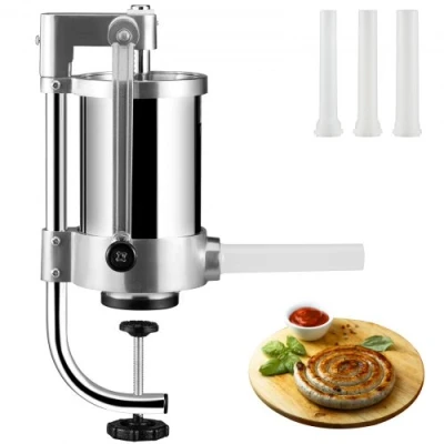 Image of VEVOR Sausage Stuffer, 2.5LBS/1.5L Capacity, 304 Stainless Steel Vertical Filling Machine with 3 Stuffing Tubes, Suction Base and Manual Crank for Household or Commercial Use