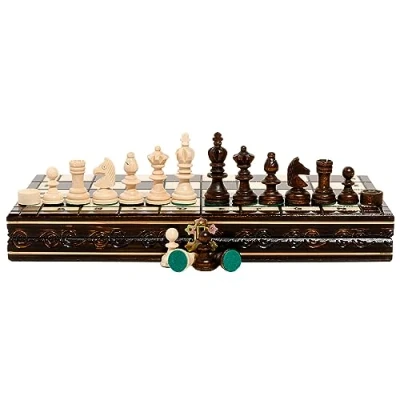 Image of 2 in 1 Olympic Chess and Checkers Set NO. 3 Master Of Wooden 35 x cm Board with Draughts/Drafts Pieces For Adults Kids